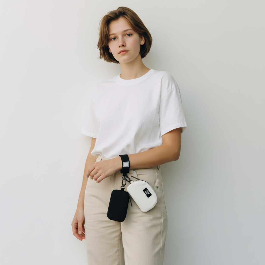 Doodlations Coffee Bar & Boutique black and white double pouch wristlet worn on the wrist by a woman in a white tee.
