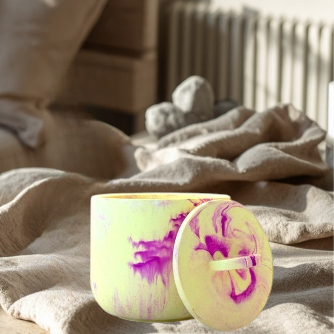 Doodlations Coffee Bar & Boutique Blackberry Jam concrete marbled candle with lid, yellow and violet tones, soy blend wax.