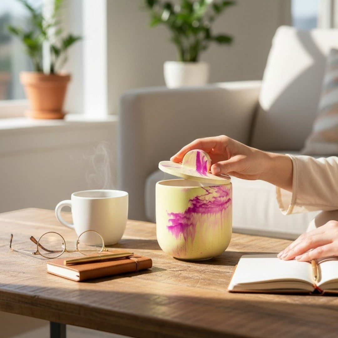 Doodlations Coffee Bar & Boutique Blackberry Jam candle in a yellow concrete vessel with purple marbling and a matching lid.