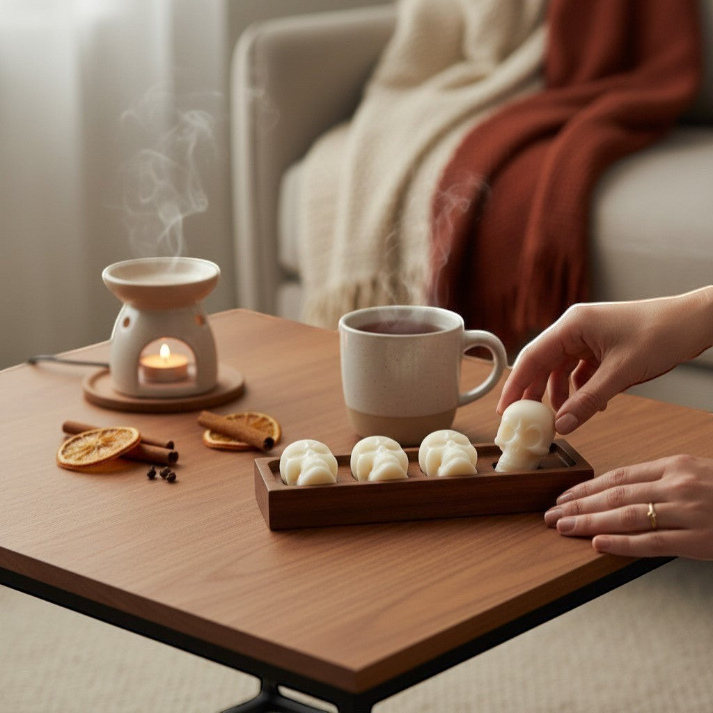 Doodlations Coffee Bar & Boutique Bleeding Bob Cinnamon Wax Melts in white skull shape, 4 pack.