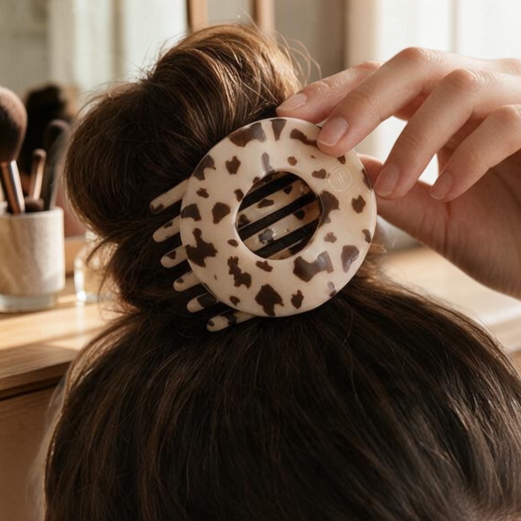 Doodlations Coffee Bar & Boutique blonde tortoise circular flat hair clip securing a messy bun for a comfortable hold