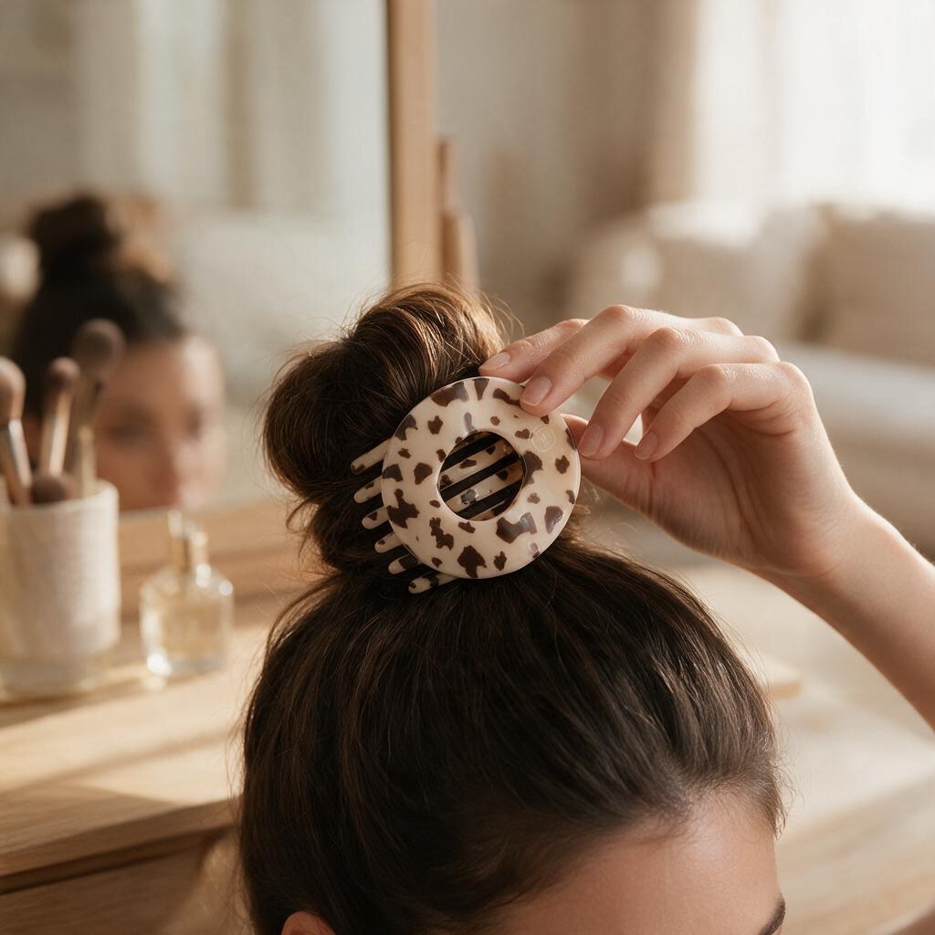Doodlations Coffee Bar & Boutique blonde tortoise flat circle hair clip held by a woman styling her hair in a bun