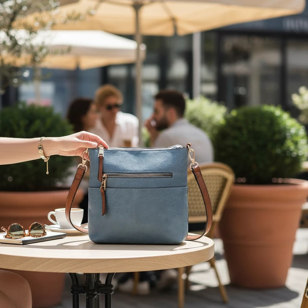 Doodlations Coffee Bar & Boutique blue vegan leather crossbody bag with gold-tone hardware and adjustable strap.