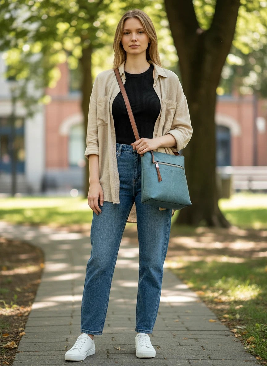 Doodlations Coffee Bar & Boutique blue vegan leather crossbody bag with gold-tone hardware worn by a woman outdoors.