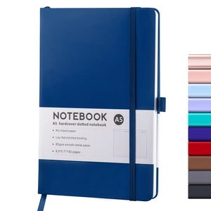 Doodlations Coffee Bar & Boutique A5 blue hardcover dotted journal with elastic closure and pen loop