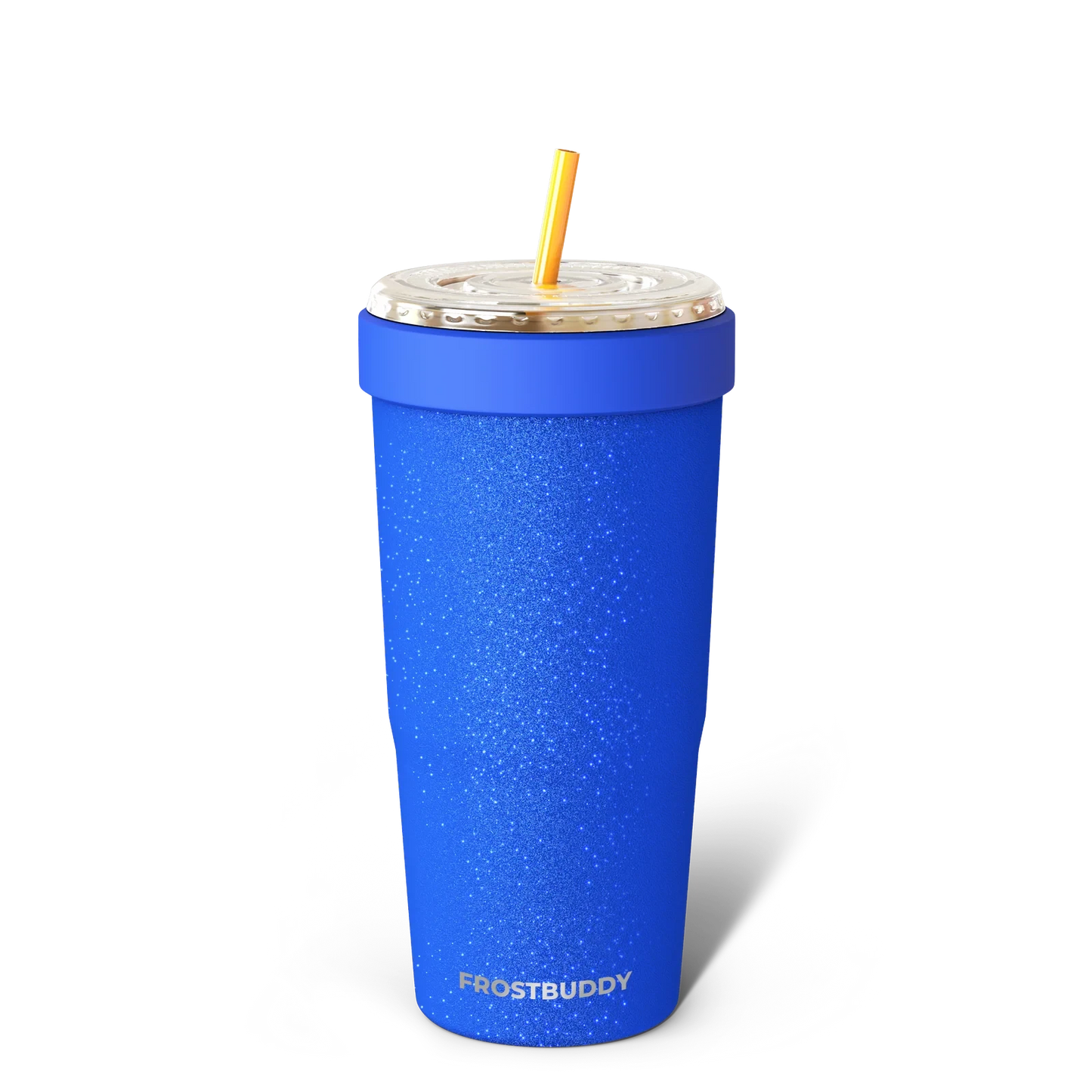 Doodlations Coffee Bar & Boutique blue glitter stainless steel tumbler with gold lid and yellow straw