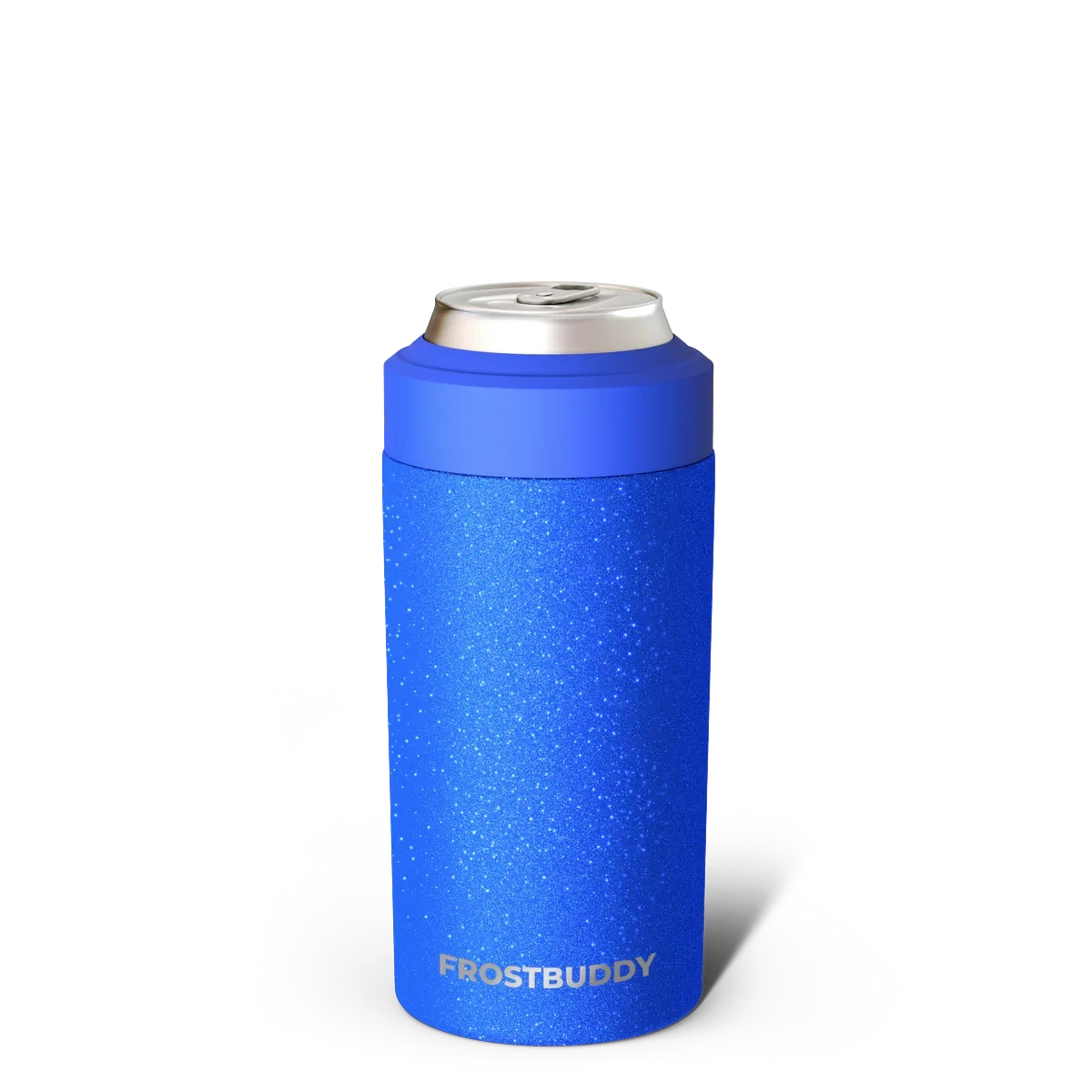 Doodlations Coffee Bar & Boutique blue glitter universal can cooler with a silver can inside.