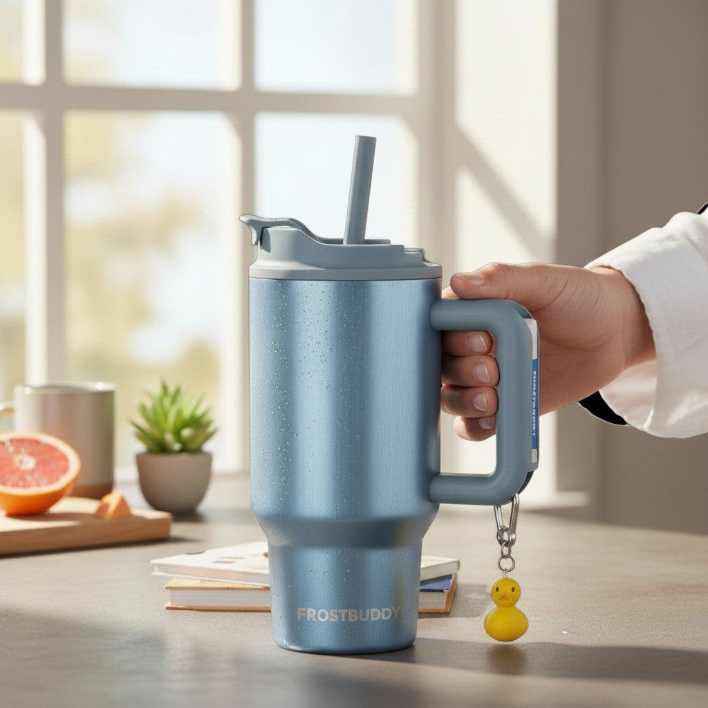 Doodlations Coffee Bar & Boutique 16oz blue insulated tumbler with straw lid, handle, and a yellow duck keychain.