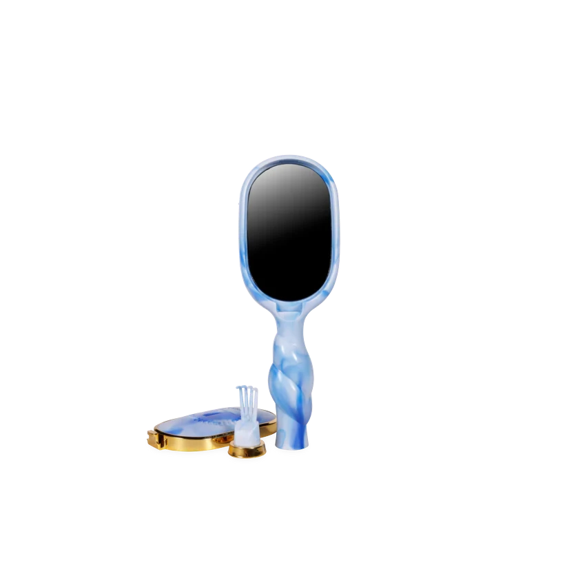 Doodlations Coffee Bar & Boutique blue marbled hair brush with built-in mirror and removable cleaner tool