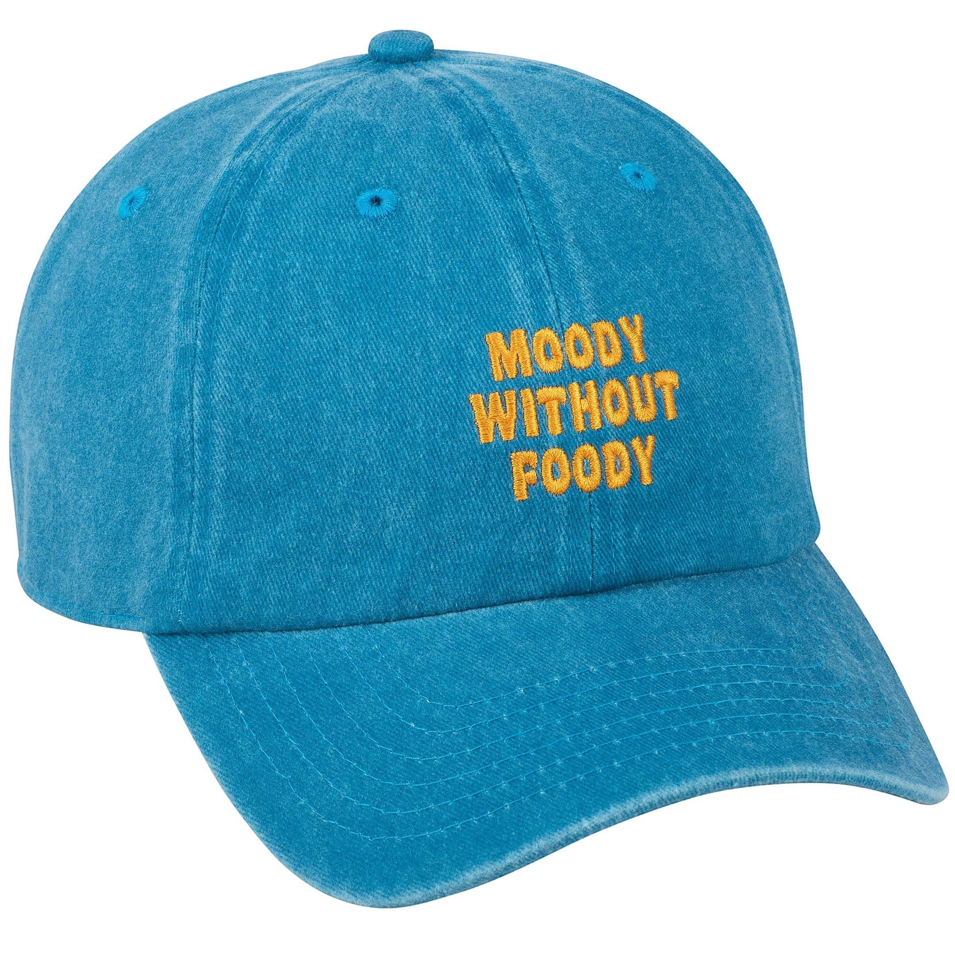 Doodlations Coffee Bar & Boutique blue washed-out cotton twill baseball cap with yellow embroidered "Moody Without Foody" text.