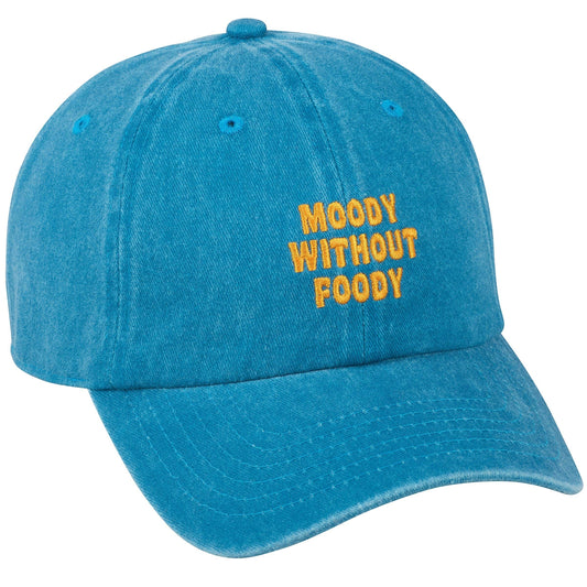 Doodlations Coffee Bar & Boutique blue washed-out cotton twill baseball cap with yellow embroidered "Moody Without Foody" text.
