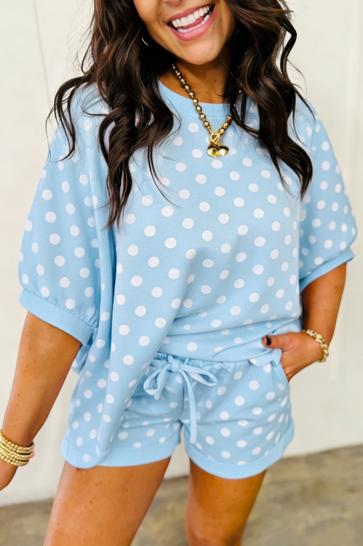 Doodlations Coffee Bar & Boutique light blue polka dot lounge set with short sleeves and drawstring shorts