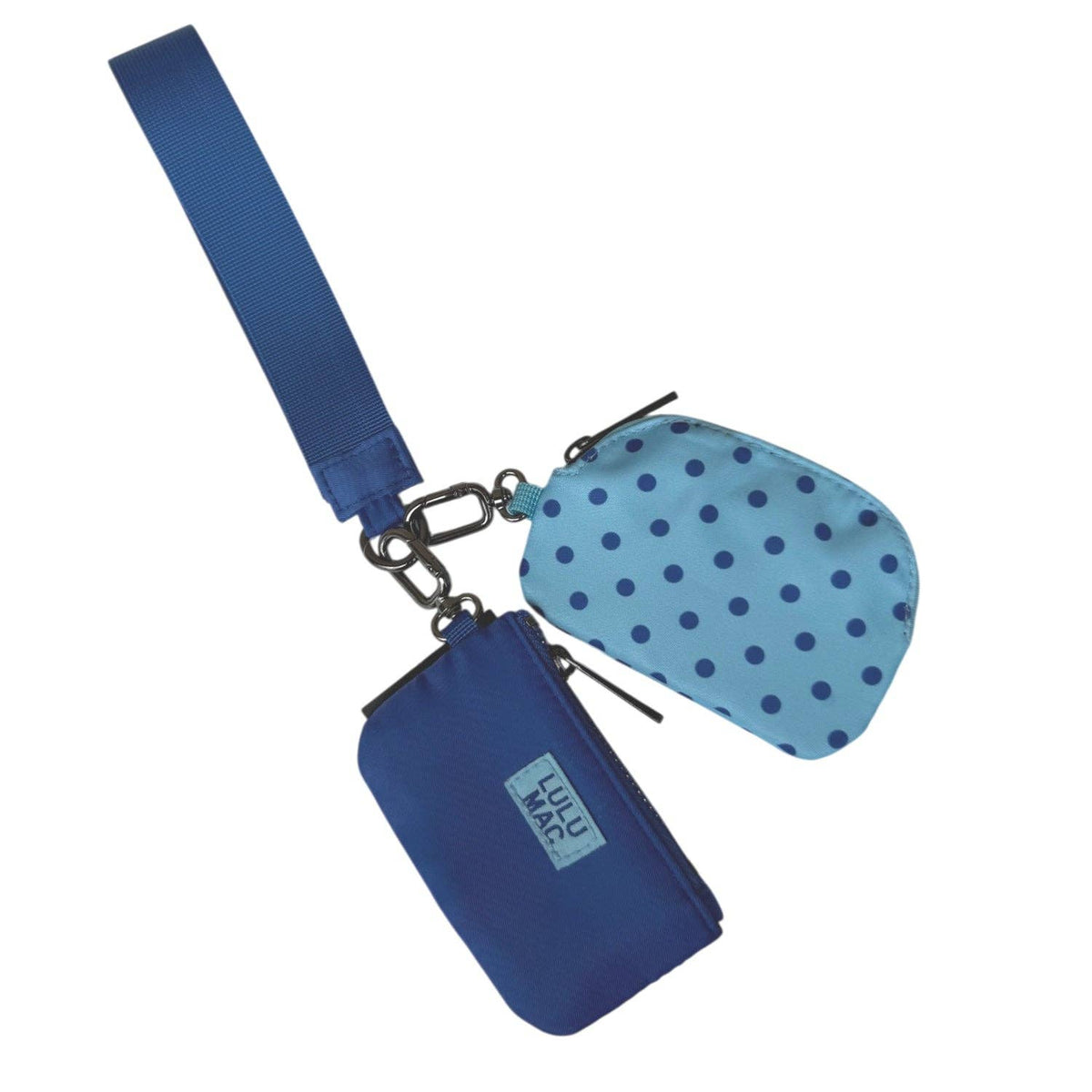 Doodlations Coffee Bar & Boutique Lulu Mac double pouch wristlet in blue and navy with a classic polka dot pattern.