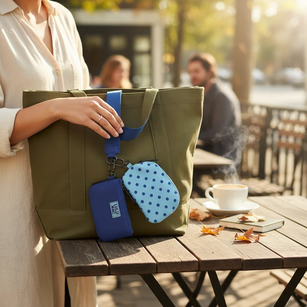 Doodlations Coffee Bar & Boutique Lulu Mac blue and navy polka dot double pouch wristlet attached to a green tote bag