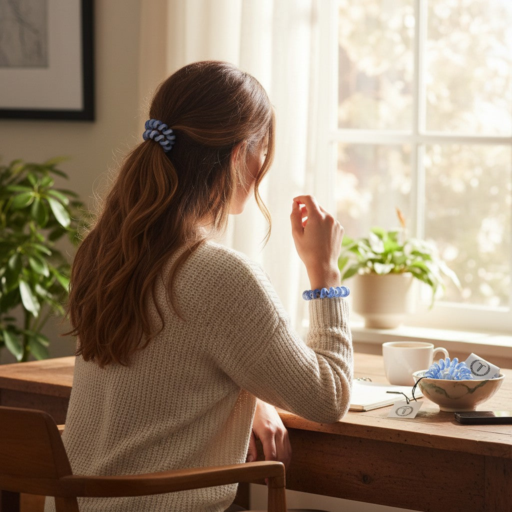 Doodlations Coffee Bar & Boutique blue spiral hair ties worn in a ponytail and as a bracelet by a woman at a desk.