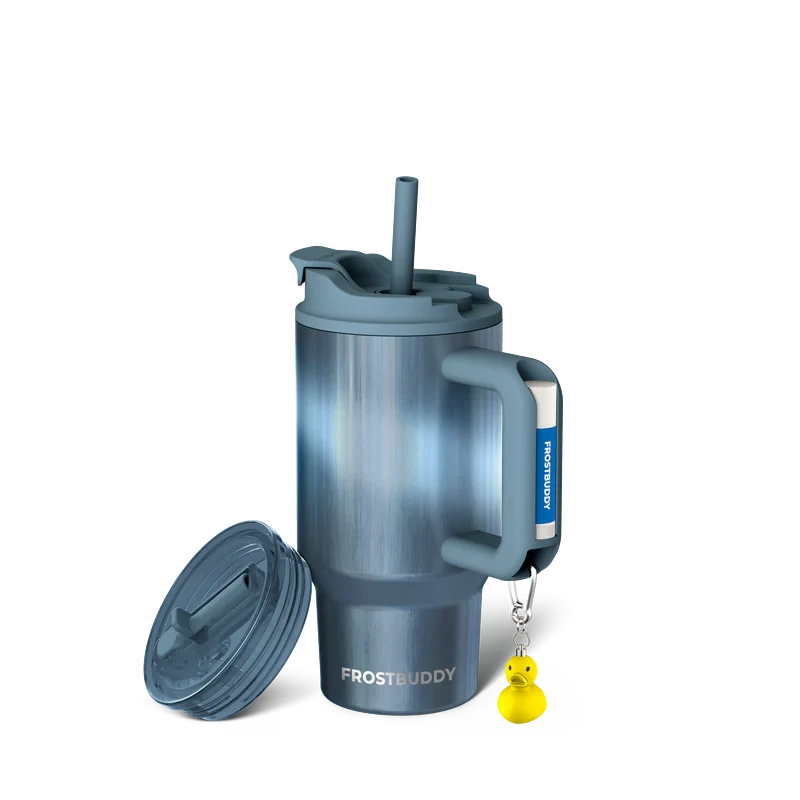 Doodlations Coffee Bar & Boutique 16oz blue stainless steel Frost Buddy tumbler with straw lid