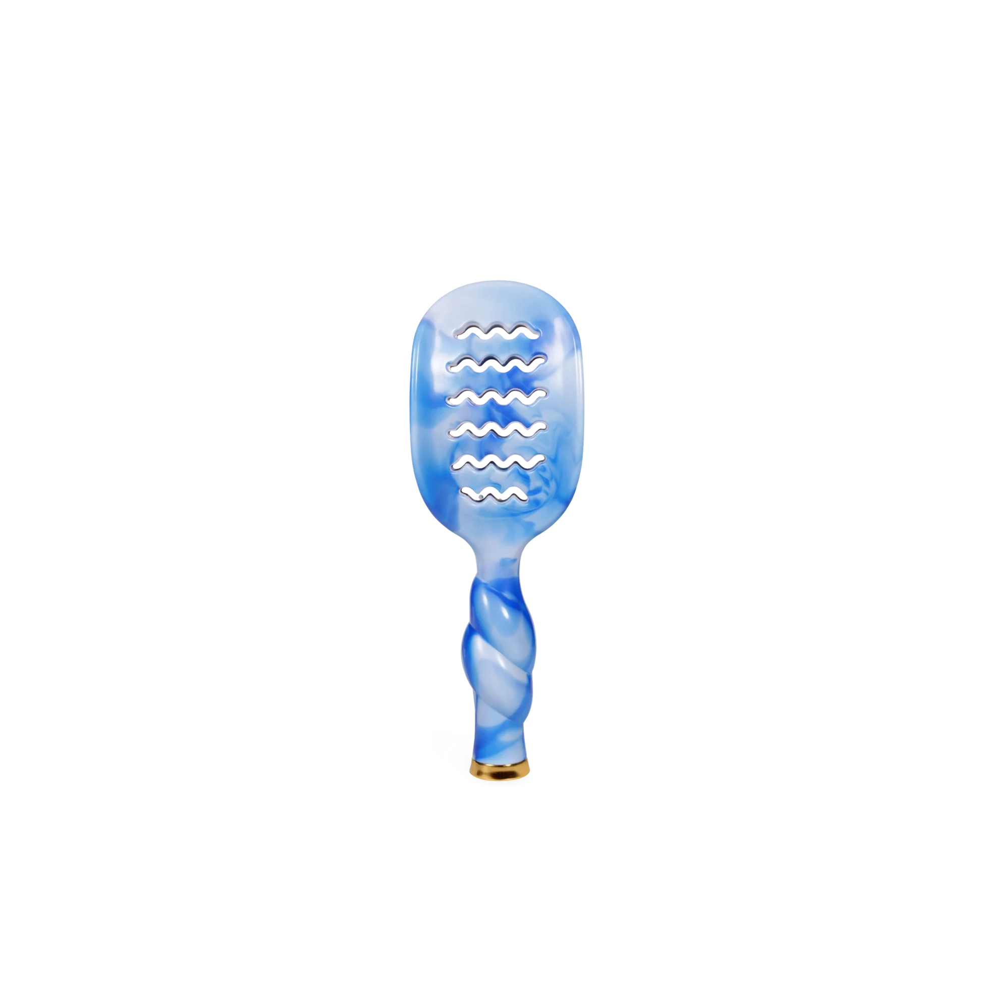 Doodlations Coffee Bar & Boutique mini vented hair brush in a unique blue and white tie-dye swirl pattern.