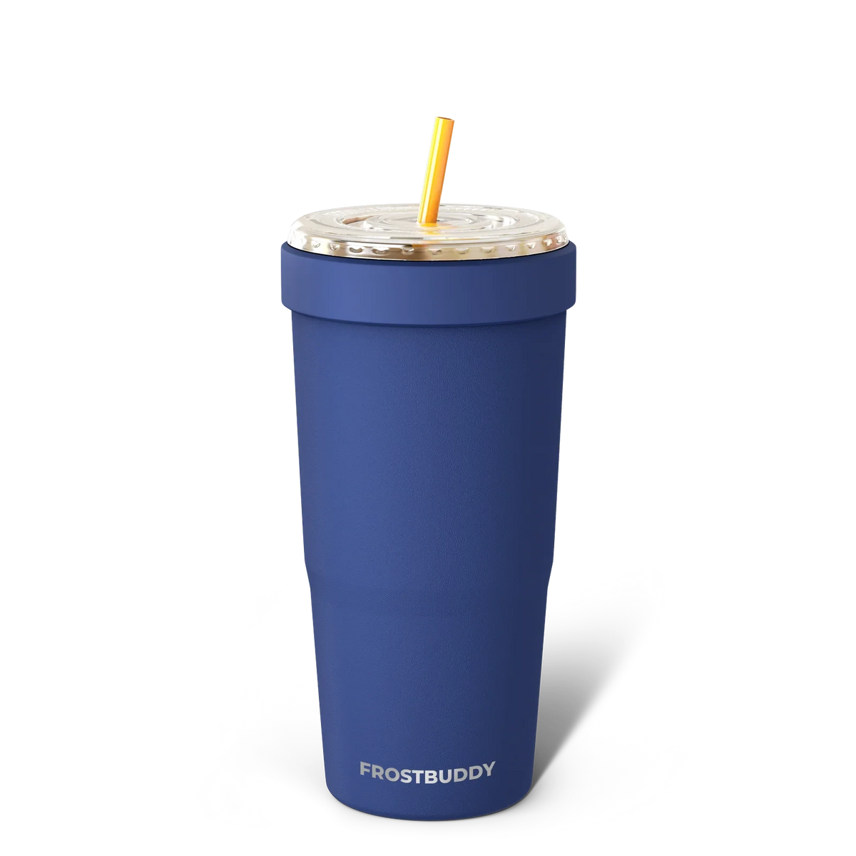 Doodlations Coffee Bar & Boutique blue stainless steel 32oz tumbler with lid and yellow straw. Universal cup insulator.