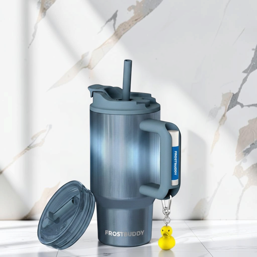 Doodlations Coffee Bar & Boutique 16oz metallic blue Frost Buddy tumbler with handle, straw, and yellow duck charm.
