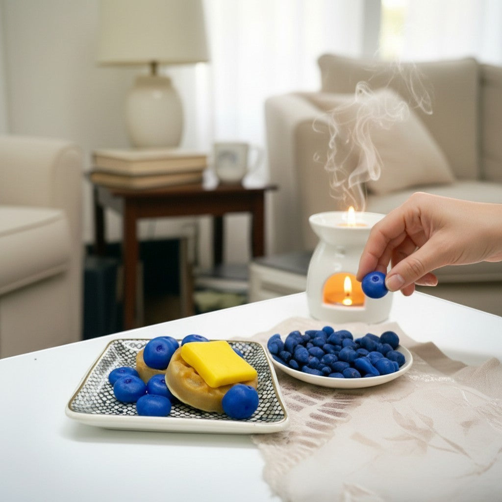 Doodlations Coffee Bar & Boutique Blueberry Waffle wax melts shaped like blueberries and waffles with a butter square.