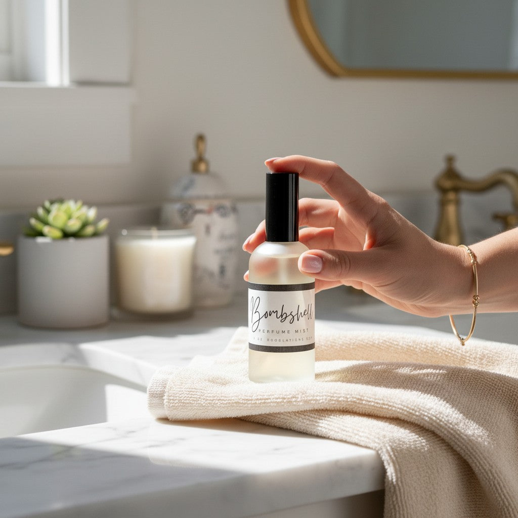 Hand holding a Doodlations Coffee Bar & Boutique Bombshell luxury fine mist perfume bottle on a marble bathroom counter.