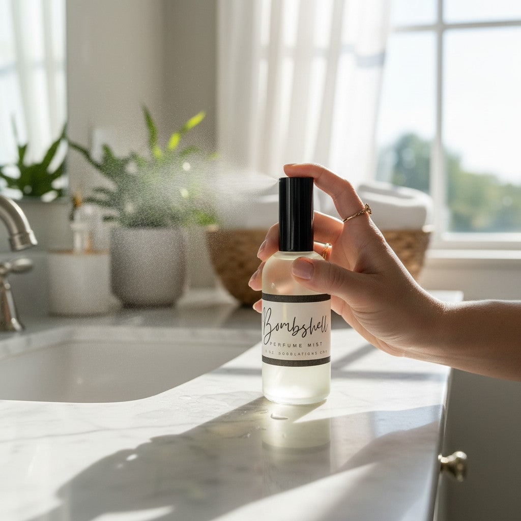 Hand spraying Doodlations Coffee Bar & Boutique Bombshell luxury fine mist perfume in a bright, modern bathroom.