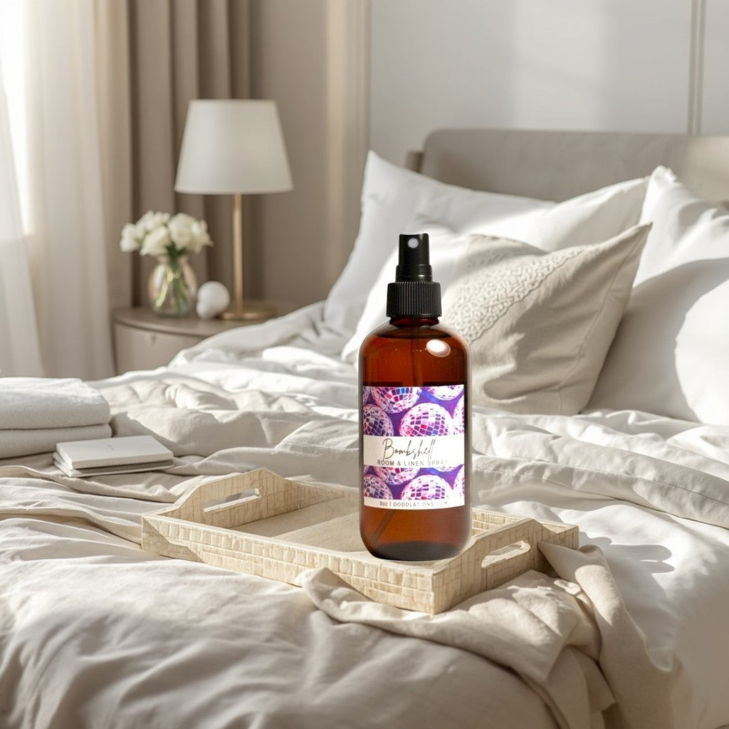Doodlations Bombshell room and linen spray in amber glass bottle with disco ball label. Fruity-floral scent.