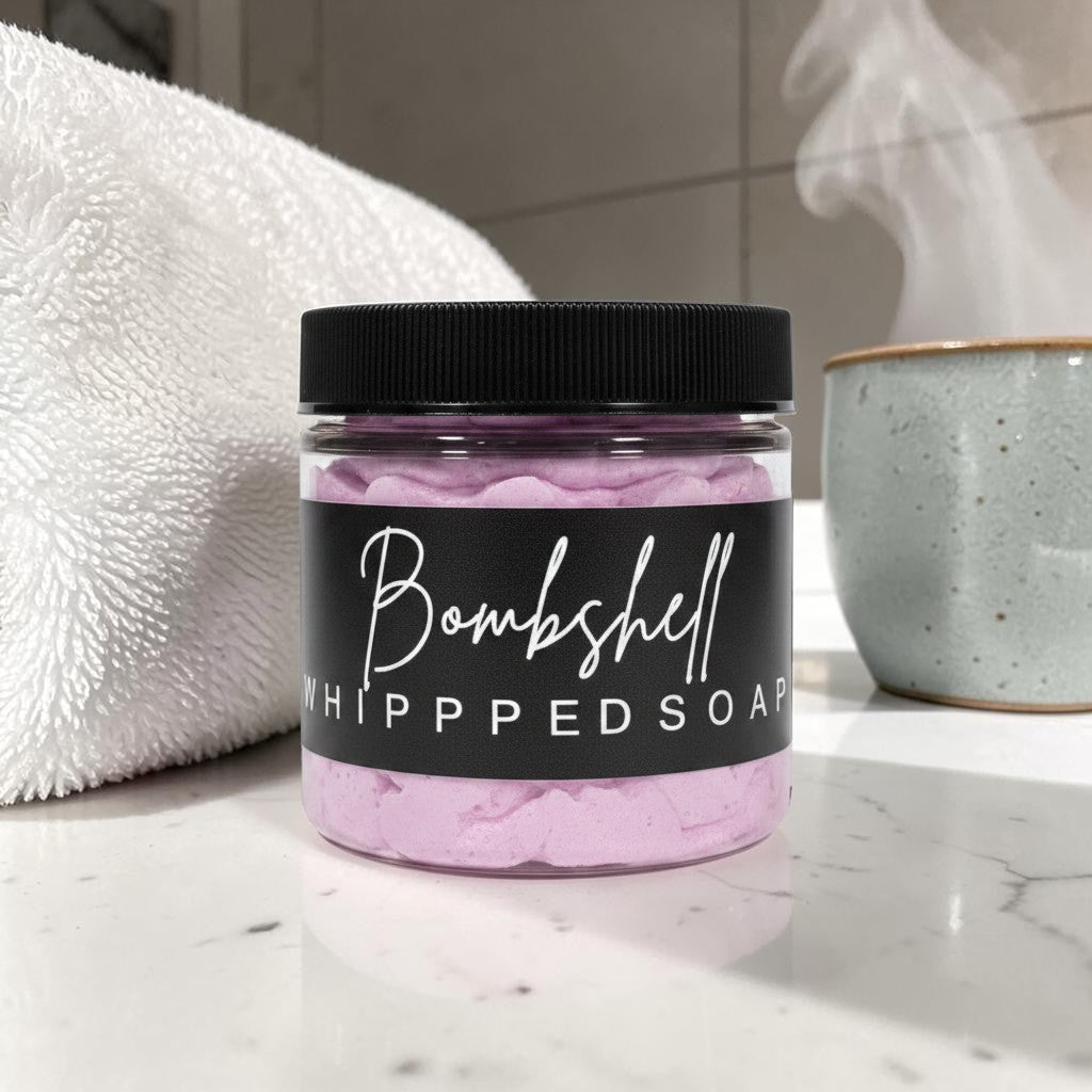 Doodlations Coffee Bar & Boutique Bombshell whipped soap in a clear jar with a black lid and label.