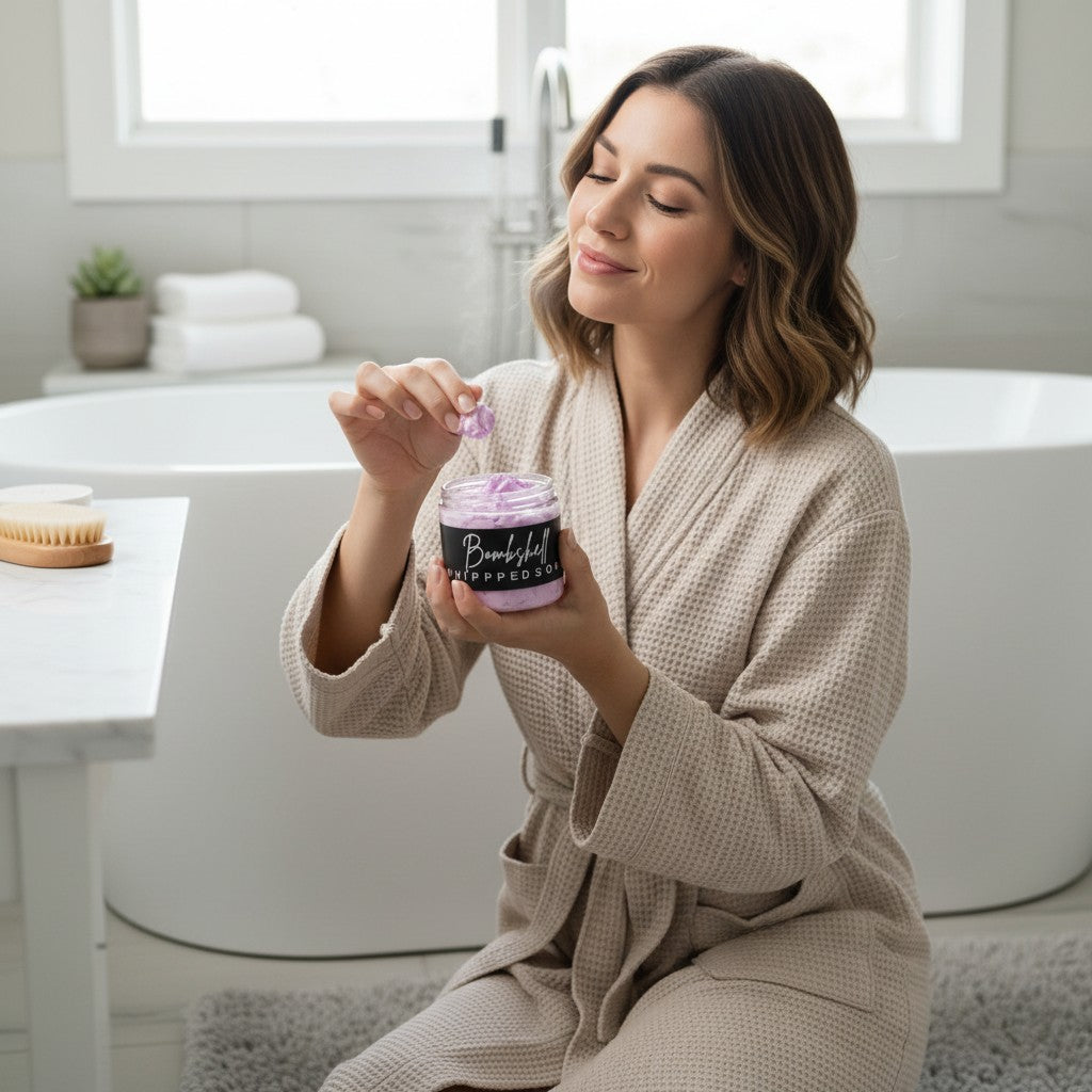 Woman in beige robe applying Doodlations Coffee Bar & Boutique Bombshell Whipped Soap in a bright bathroom