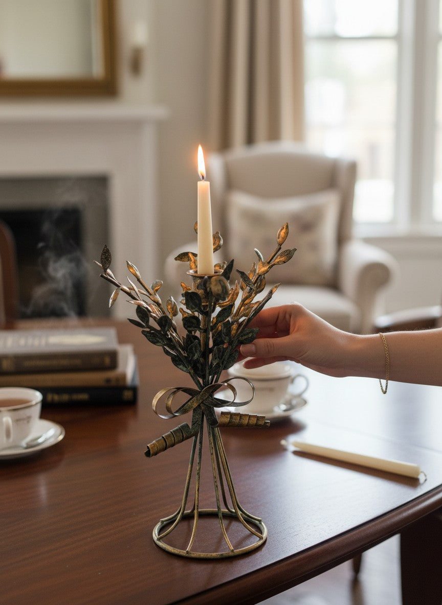 Doodlations Coffee Bar & Boutique brass leaf motif candleholder, 11 inches tall, with a distressed gold and green finish. Features a bouquet of leaves and a bow accent.