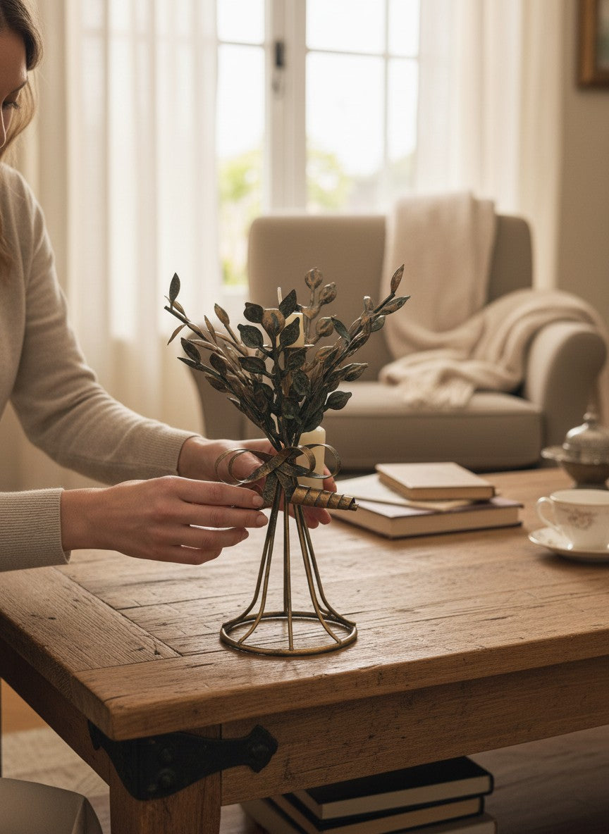 Doodlations Coffee Bar & Boutique brass leaf motif candleholder with a bow accent, 11 inches tall, for pillar candles.
