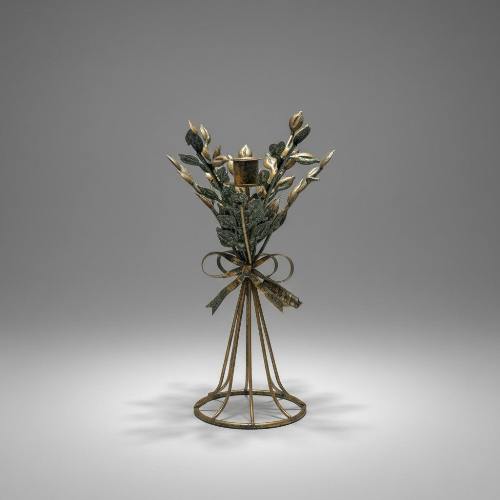 Doodlations Coffee Bar & Boutique brass candleholder with leaf motif, 11 inches tall, gold and green finish.