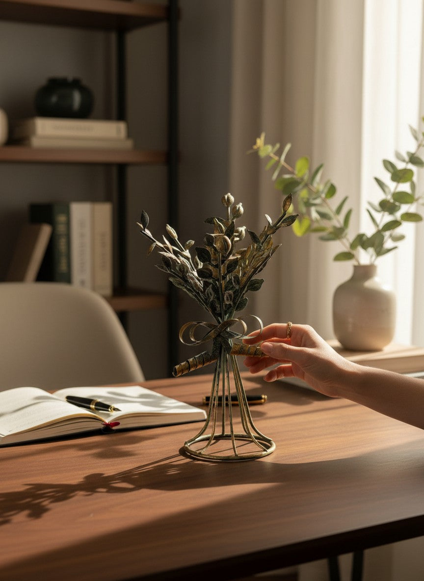 Doodlations Coffee Bar & Boutique brass leaf motif candleholder, 11 inches tall, with a vintage patina finish.