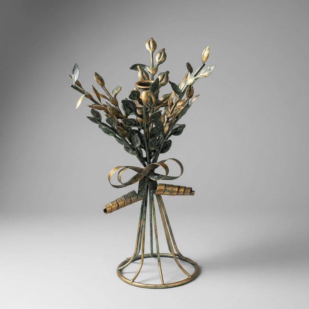 Doodlations Coffee Bar & Boutique brass leaf motif candleholder, 11 inches tall, with a vintage patina finish. Ideal for pillar candles.