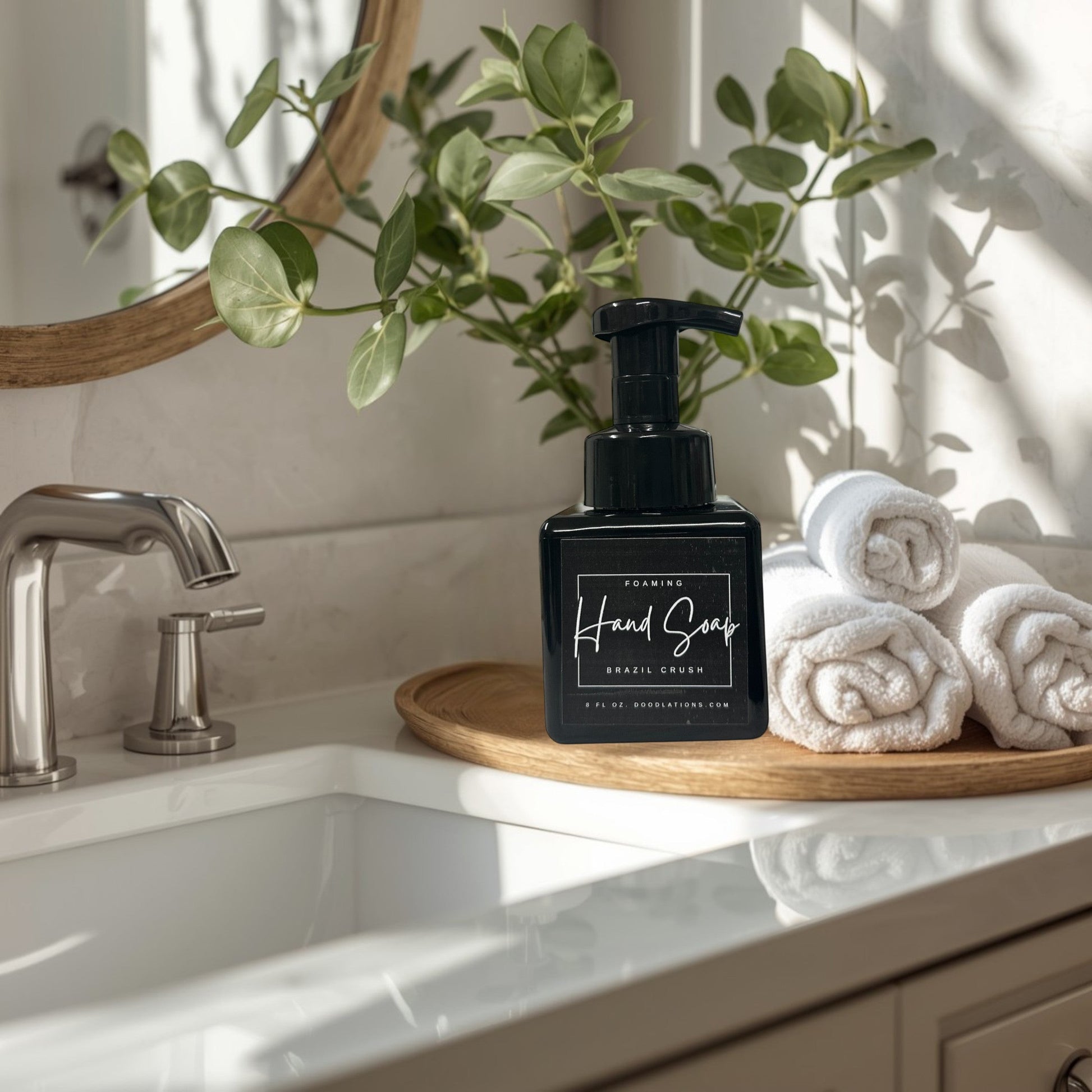 Doodlations Coffee Bar & Boutique black foaming hand soap bottle with 'Brazil Crush' label, 8 fl oz.