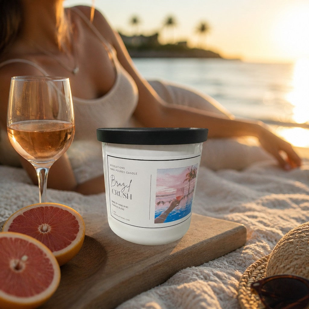 Doodlations Coffee Bar & Boutique Brazilian Crush luxury candle on a beach blanket with wine and grapefruit at sunset.