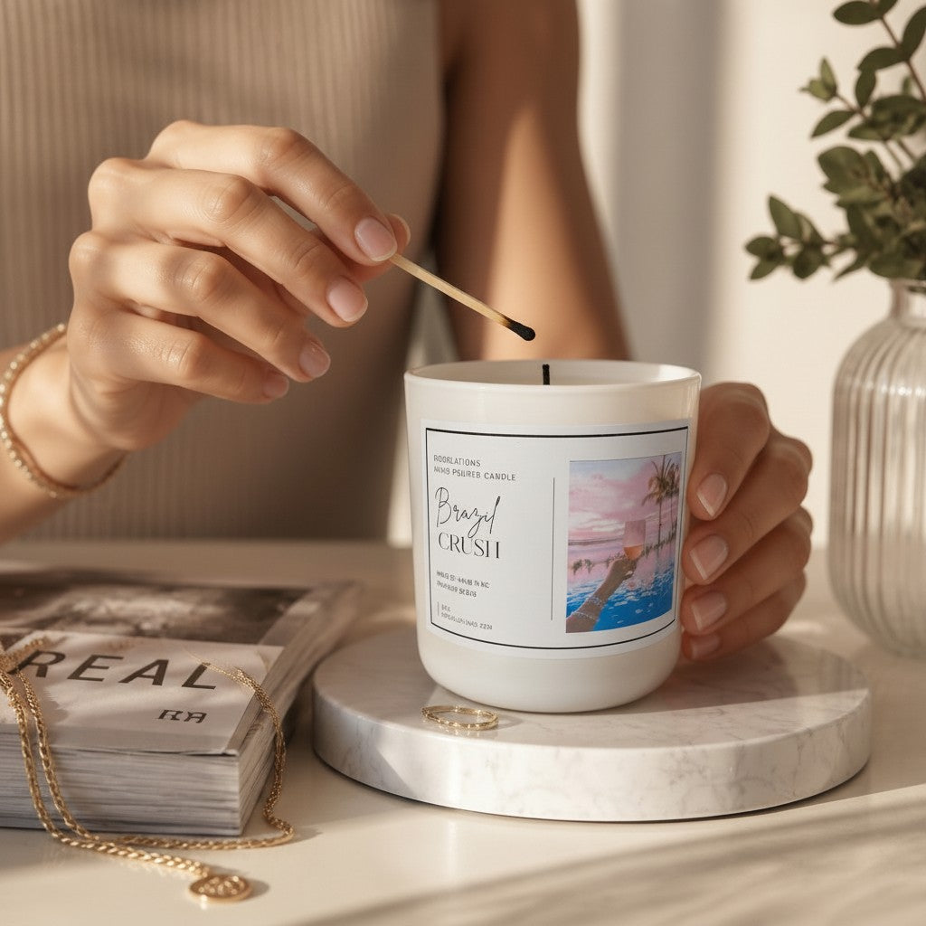 Doodlations Coffee Bar & Boutique Brazilian Crush candle in a white jar being lit by a hand on a marble coaster.