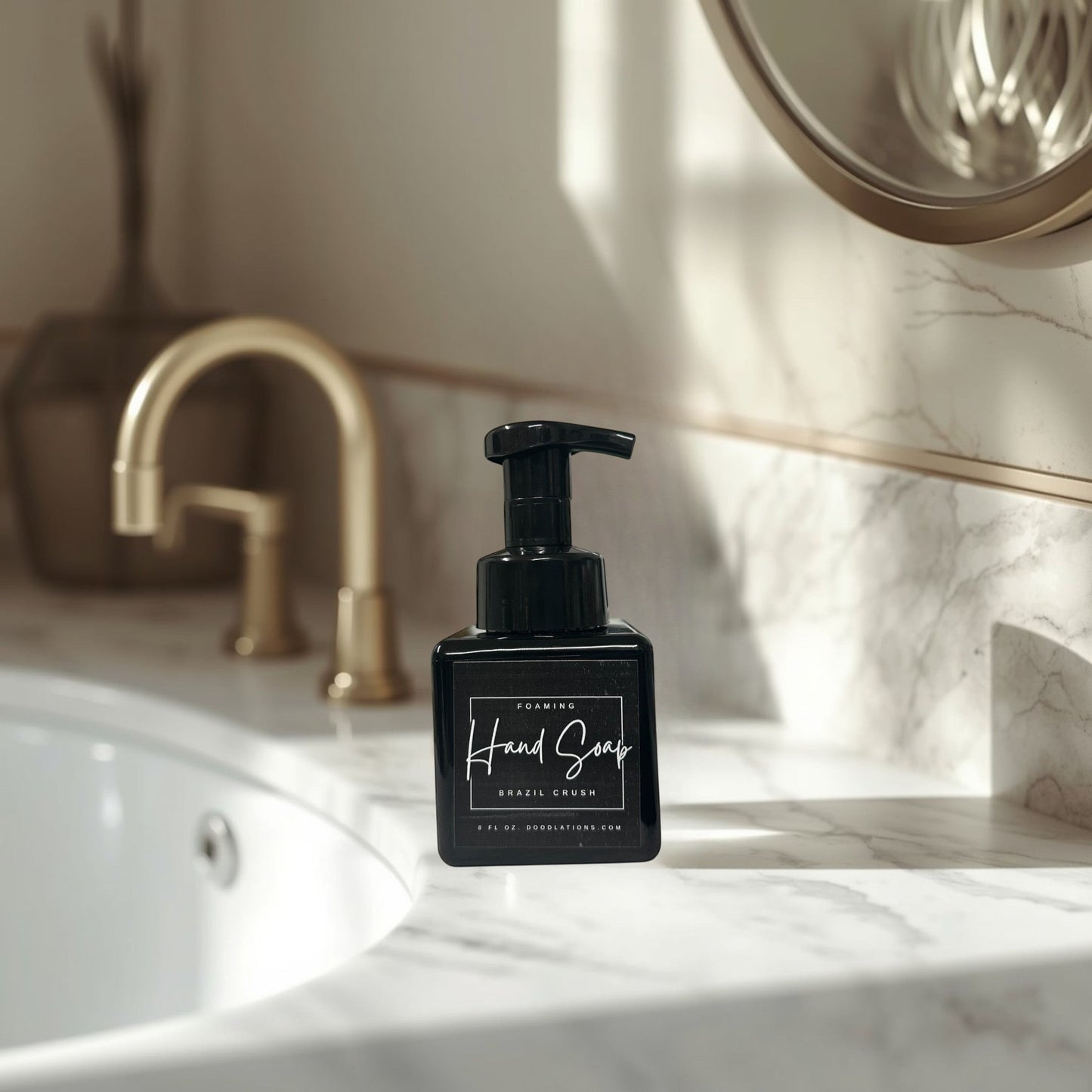 Doodlations Coffee Bar & Boutique Brazilian Crush foaming hand soap in a black pump bottle on a wooden tray.