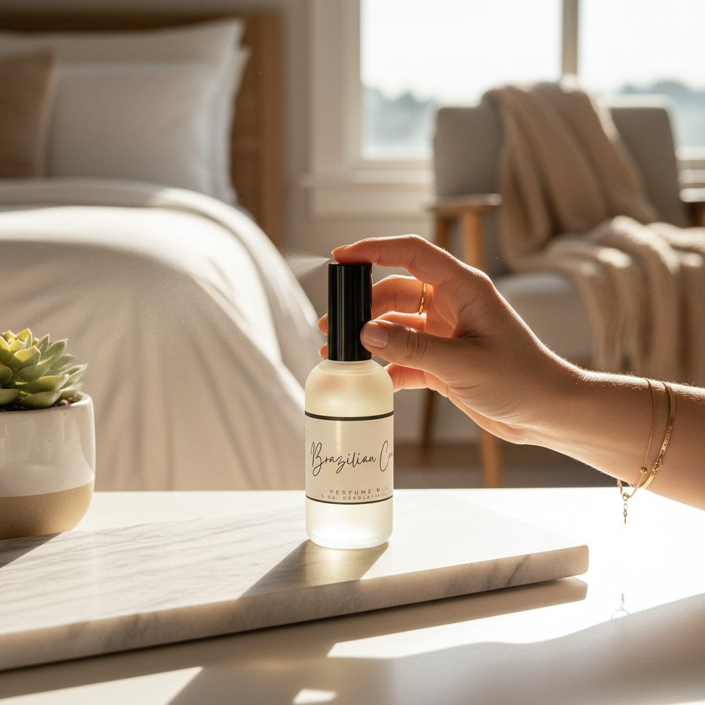 Doodlations Coffee Bar & Boutique Brazilian Crush fine mist perfume bottle being sprayed in a sunlit bedroom setting.