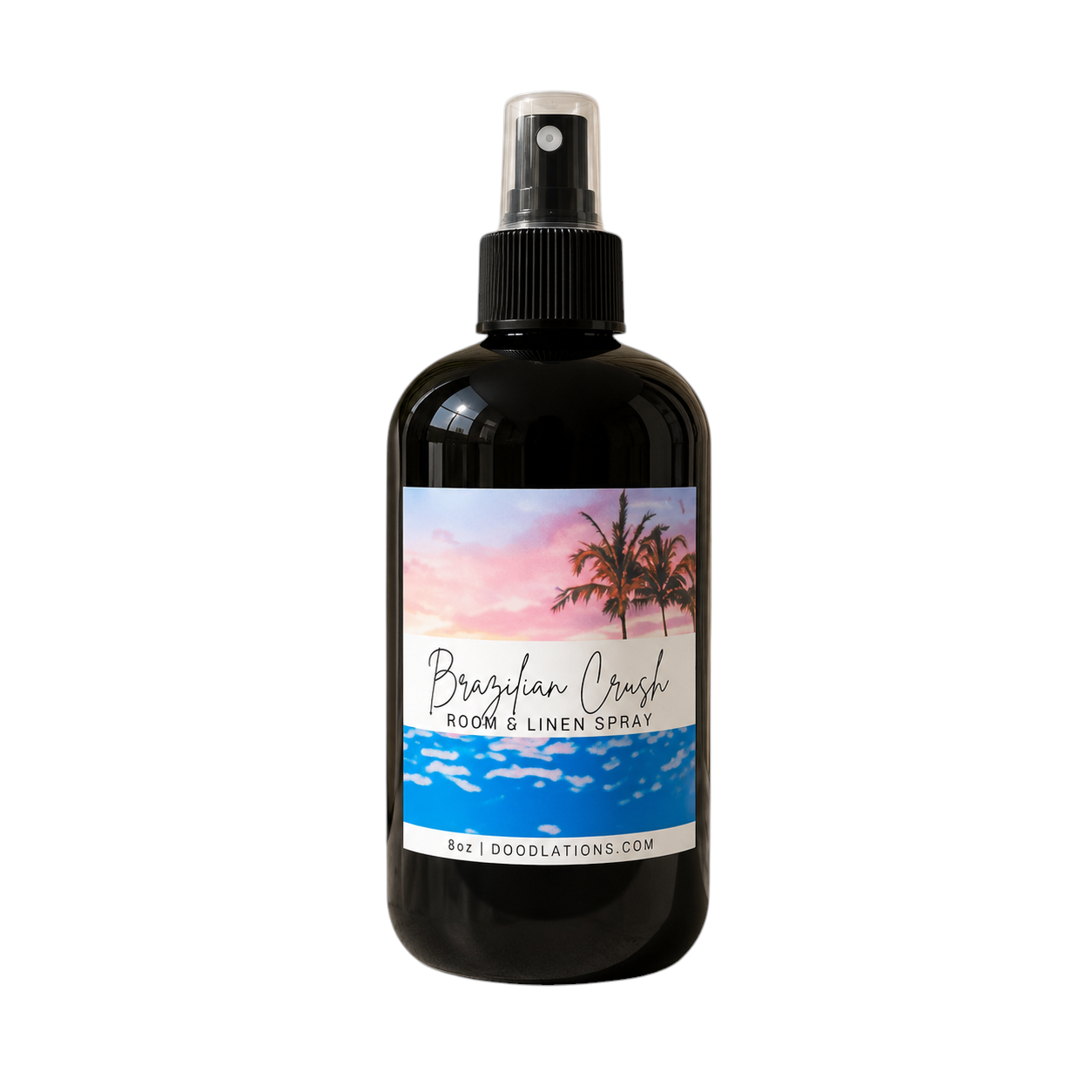 Doodlations Coffee Bar & Boutique Brazilian Crush room and linen spray in an 8oz black bottle with tropical label