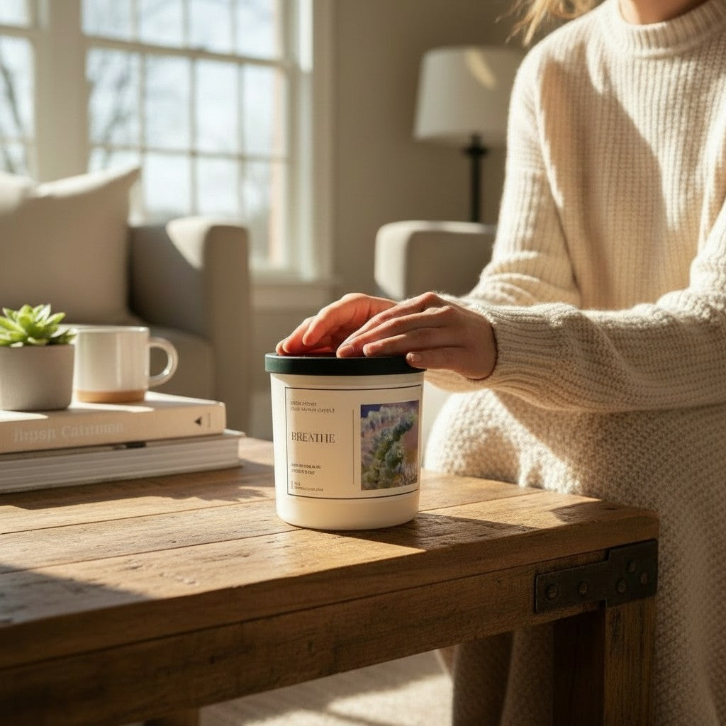 Doodlations Coffee Bar & Boutique Breathe luxury candle on a wooden table with a person resting hands on the lid.