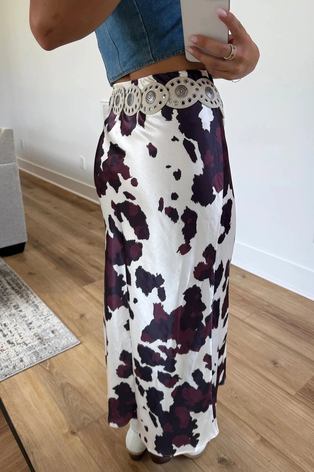 Doodlations Coffee Bar & Boutique brown and white abstract print satin midi skirt with a decorative metal waist belt