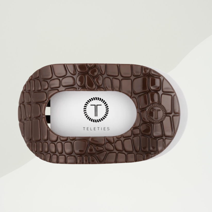 Doodlations Coffee Bar & Boutique brown crocodile print Teleties flat round hair clip with bendable teeth