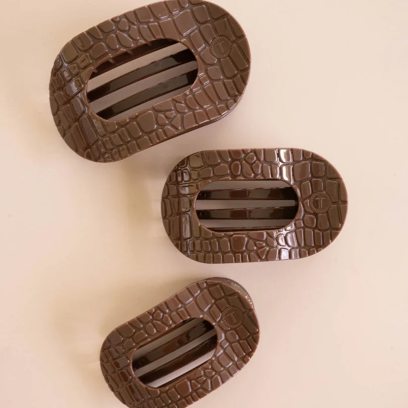 Doodlations Coffee Bar & Boutique brown crocodile print flat round hair clips with bendable teeth for comfortable wear