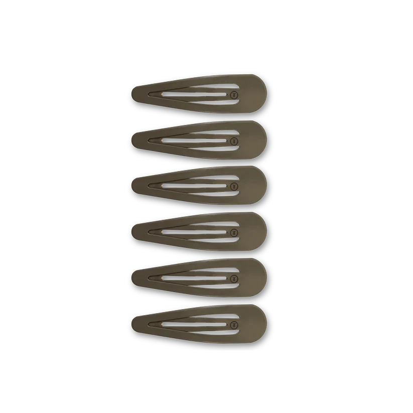 Set of six Doodlations Coffee Bar & Boutique snap hair clips in a smooth, matte brown finish with a snag-free design.