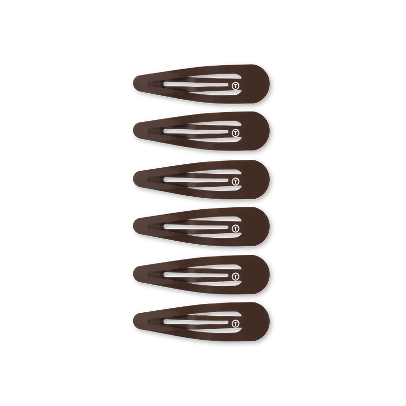Set of six dark brown TELETIES Snap Clip hair clips with a smooth, polished finish from Doodlations Coffee Bar & Boutique