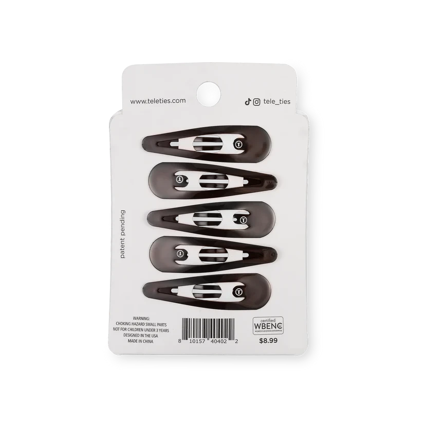 Doodlations Coffee Bar & Boutique pack of six dark brown snap hair clips with a smooth, snag-free design.