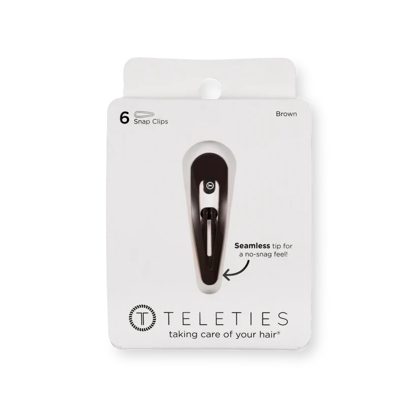 Doodlations Coffee Bar & Boutique brown TELETIES snap hair clips in packaging with a seamless no-snag tip design.