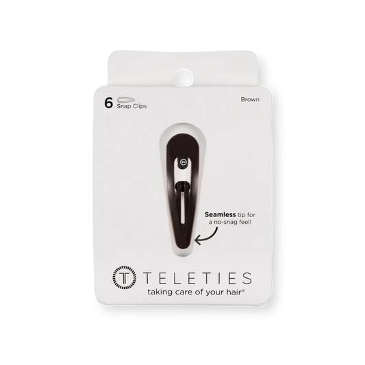 Doodlations Coffee Bar & Boutique brown TELETIES snap hair clips in packaging with a seamless no-snag tip design.