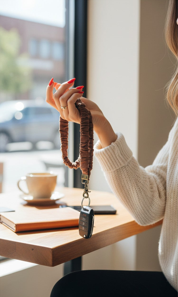 Doodlations Coffee Bar & Boutique light brown textured fabric wrist lanyard held by a woman in a cafe setting